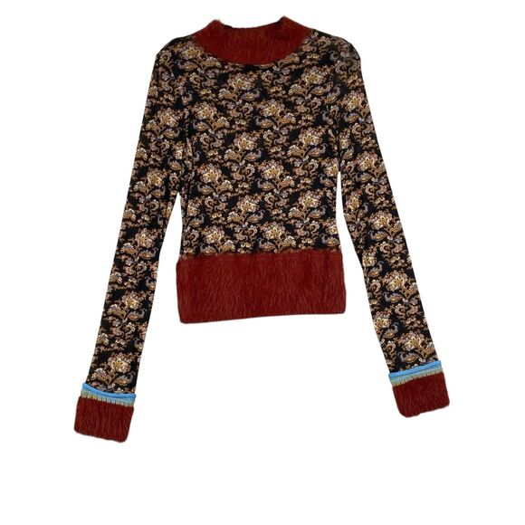 Free People Sweater Womens XL Black Baroque Print Fuzzy Trim Mock Neck Boho - Picture 1 of 14